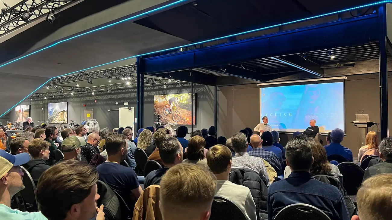 A full room at Ridley's head office watching the Cyclism premiere