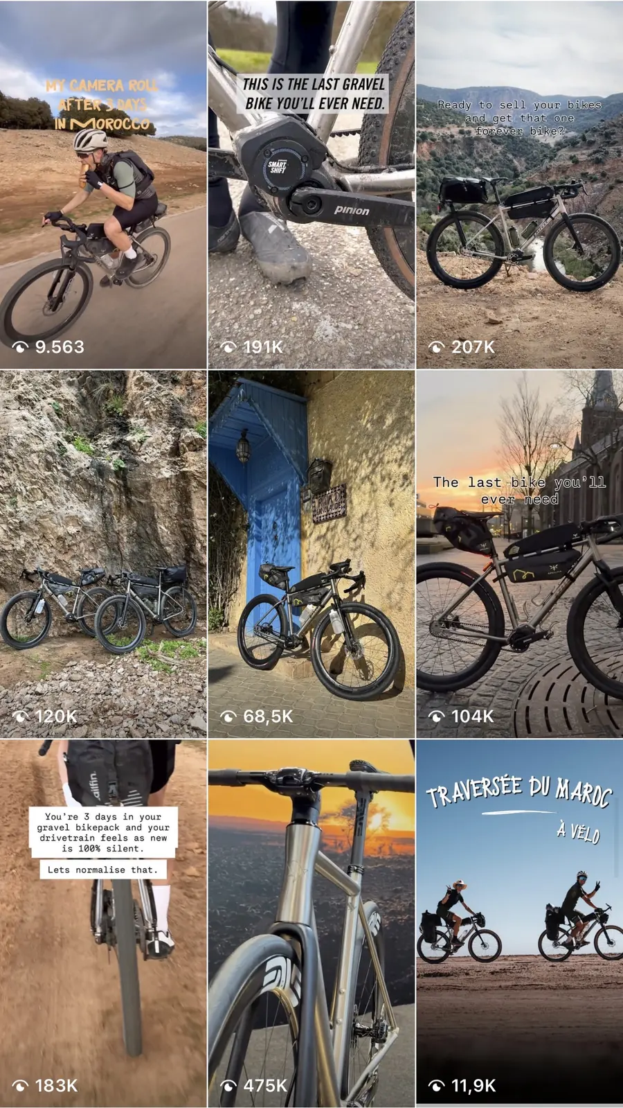 Grid of Instagram reels from the Morocco campaign with view counts from 9,563 up to 475,000